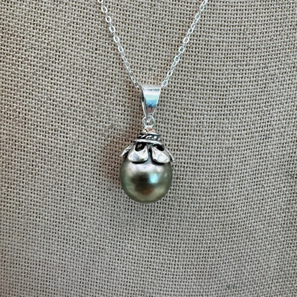 Sterling Silver Tahitian Semi Baroque Pearl Necklace (#38)