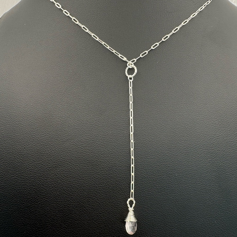 Rose Quartz Paperclip Lariat Necklace (L5509)