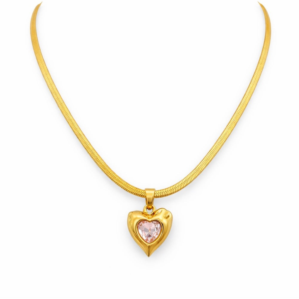 Gold Pink Crystal Heart Necklace