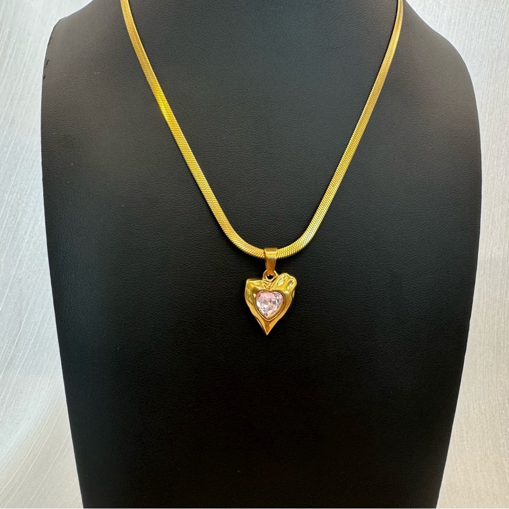 Gold Pink Crystal Heart Necklace