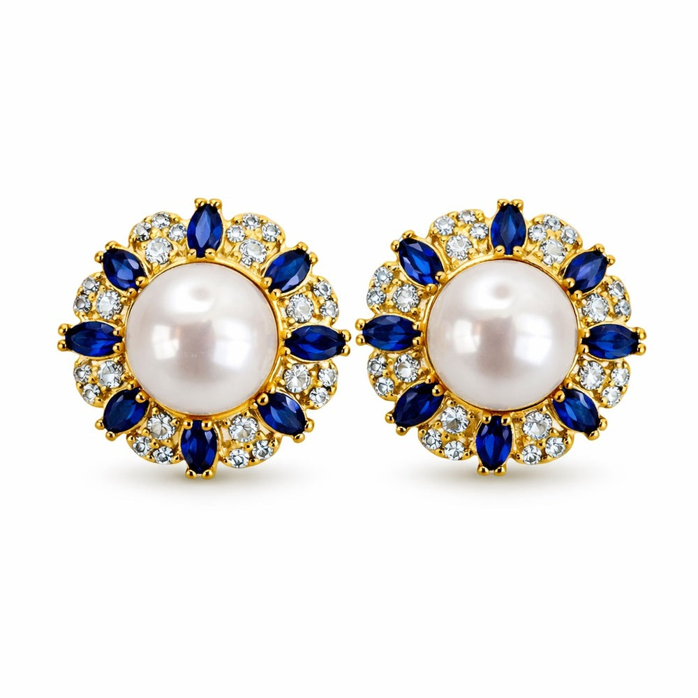 Gold Pearl and Blue Crystal Stud Earrings