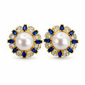 Gold Pearl and Blue Crystal Stud Earrings