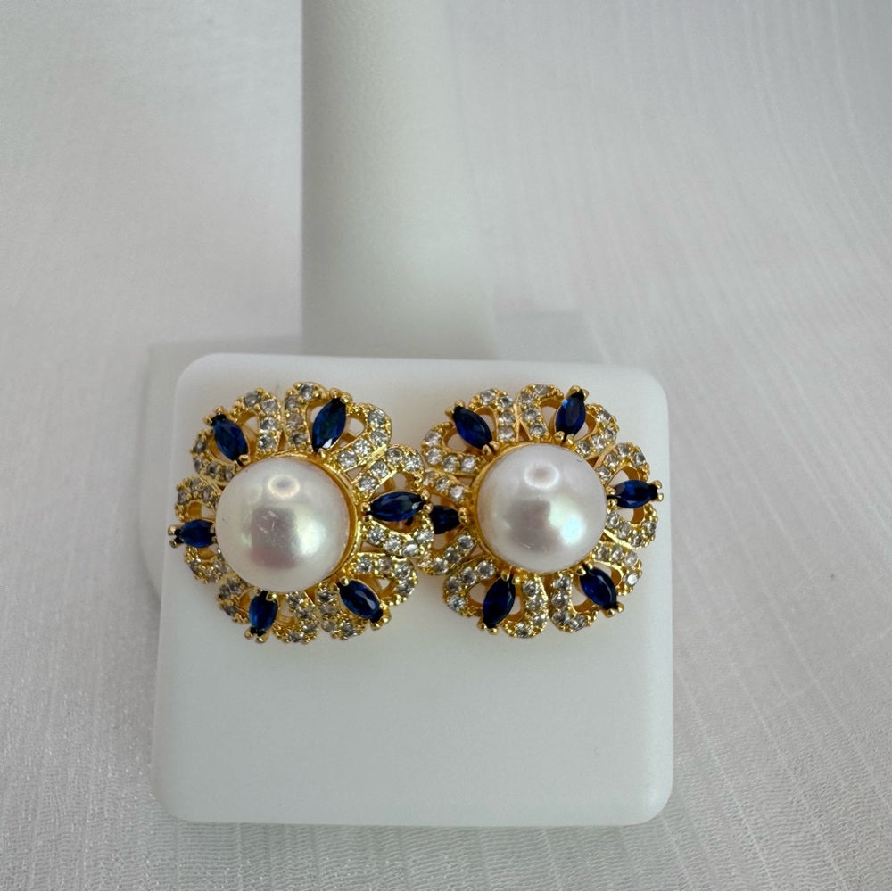 Gold Pearl and Blue Crystal Stud Earrings