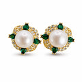 Gold Pearl and Green Crystal Stud Earrings