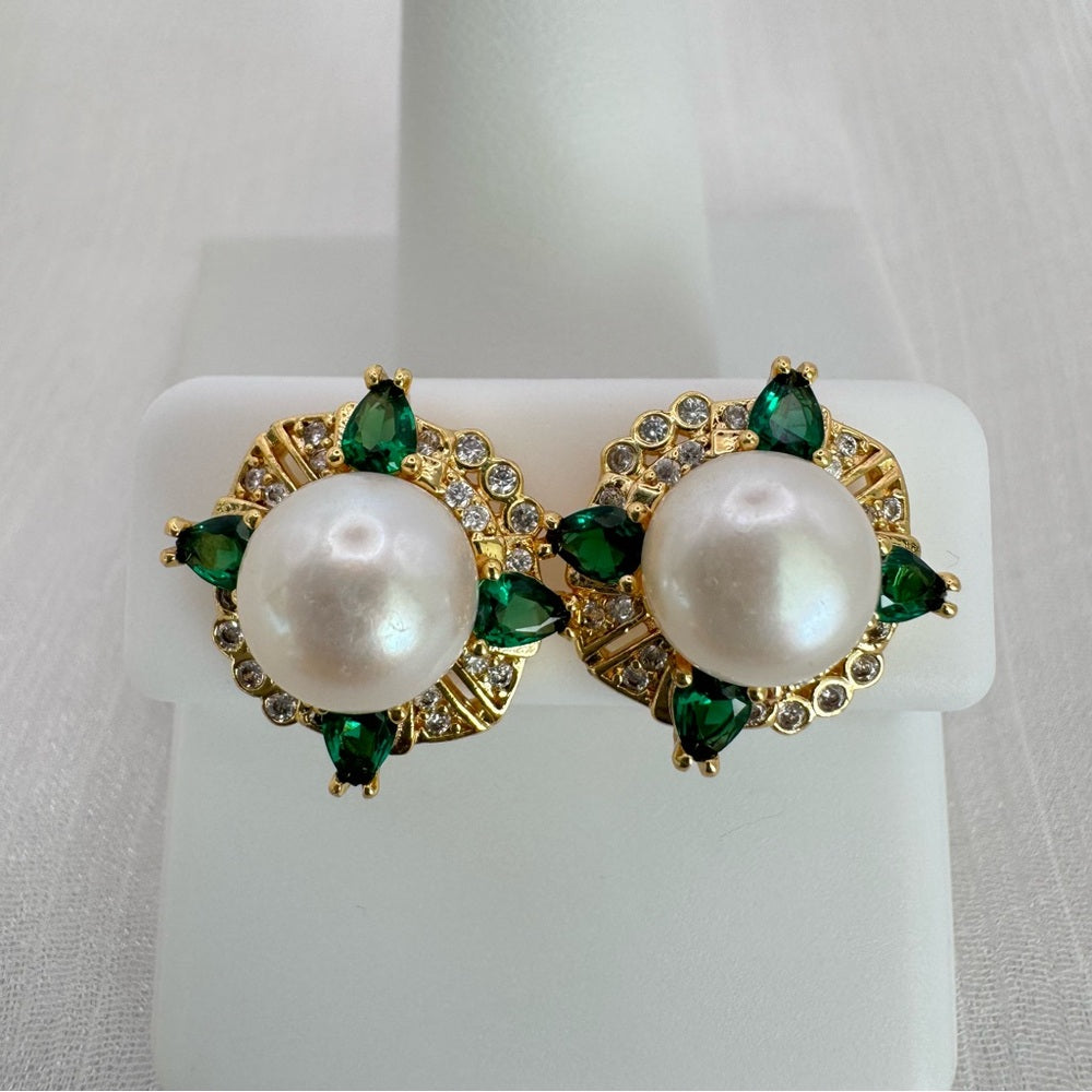 Gold Pearl and Green Crystal Stud Earrings