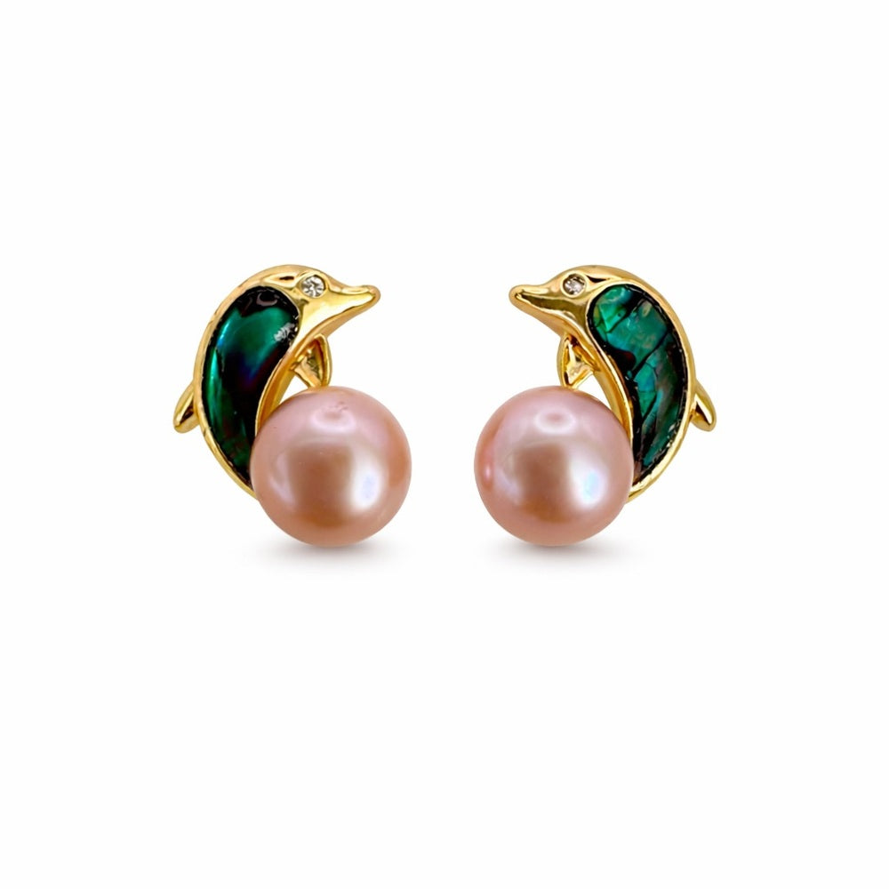 Abalone and Pearl Dolphin Stud Earrings