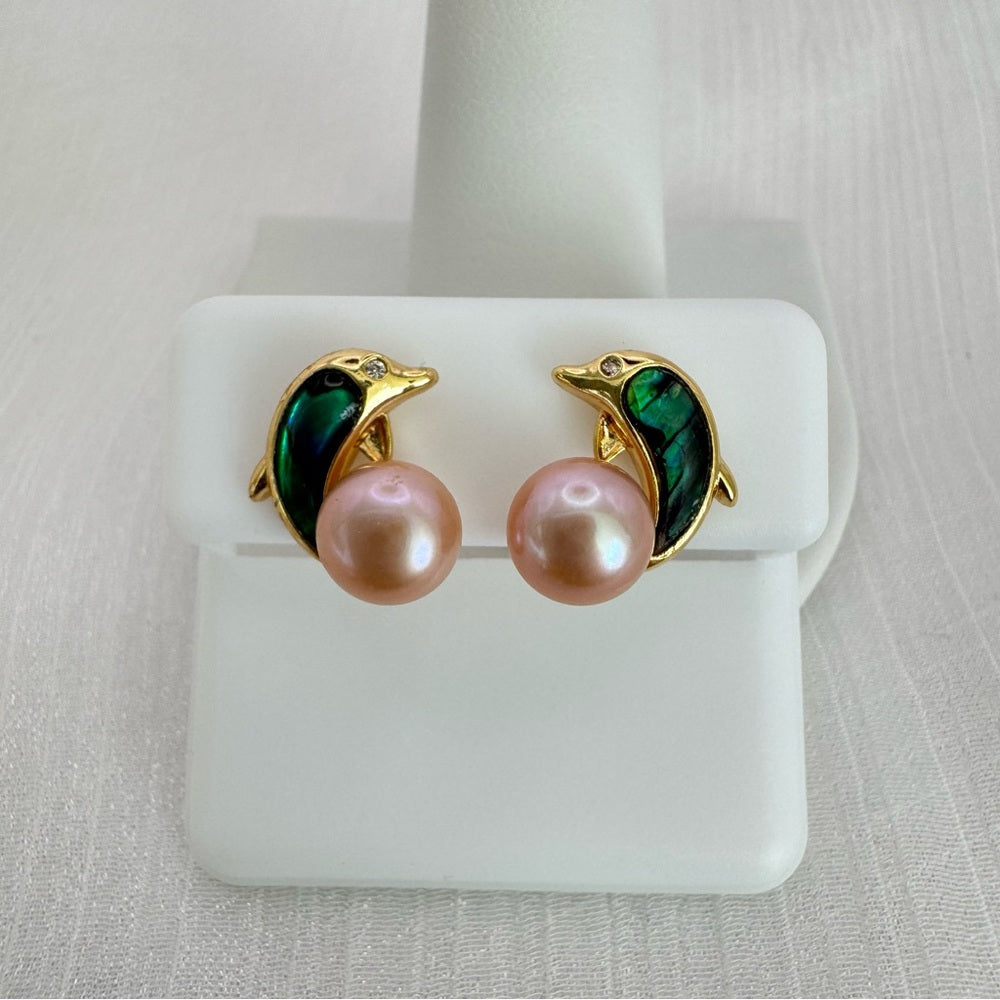 Abalone and Pearl Dolphin Stud Earrings