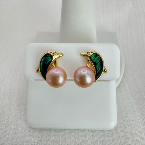 Abalone and Pearl Dolphin Stud Earrings
