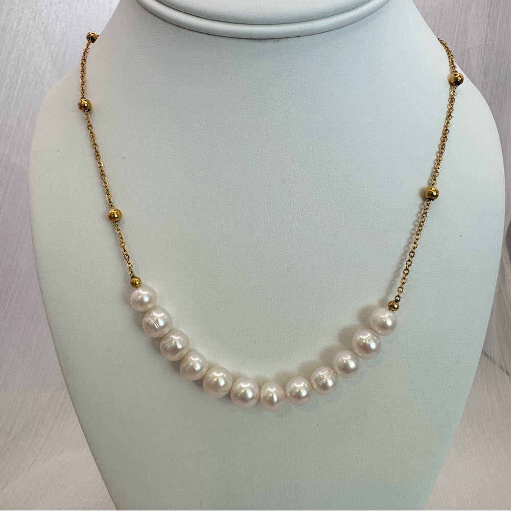 Gold Beaded Freshwater Pearl Drop Necklace