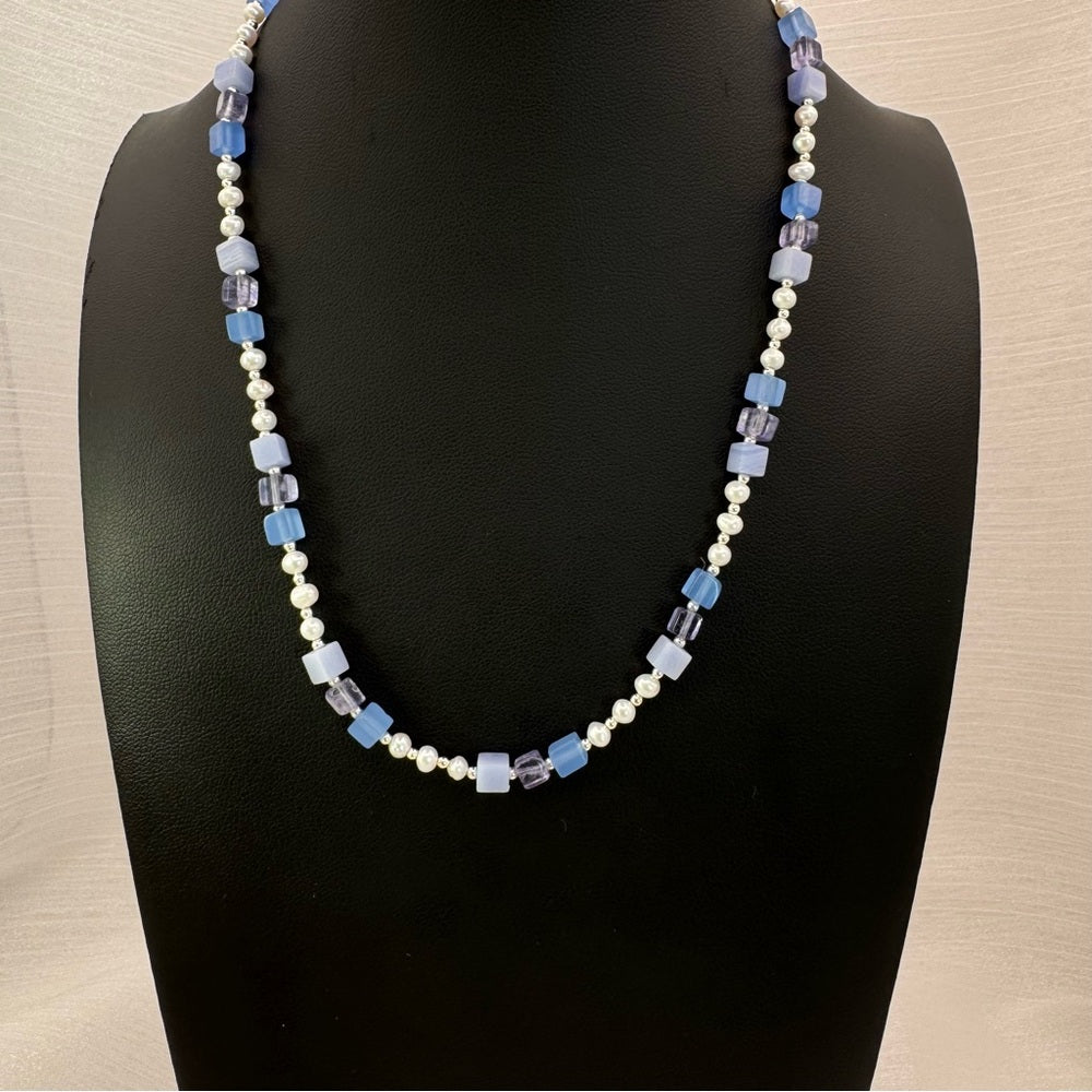 Blue Lace Agate, Amethyst, Freshwater Pearl, and Purple Jade Necklace