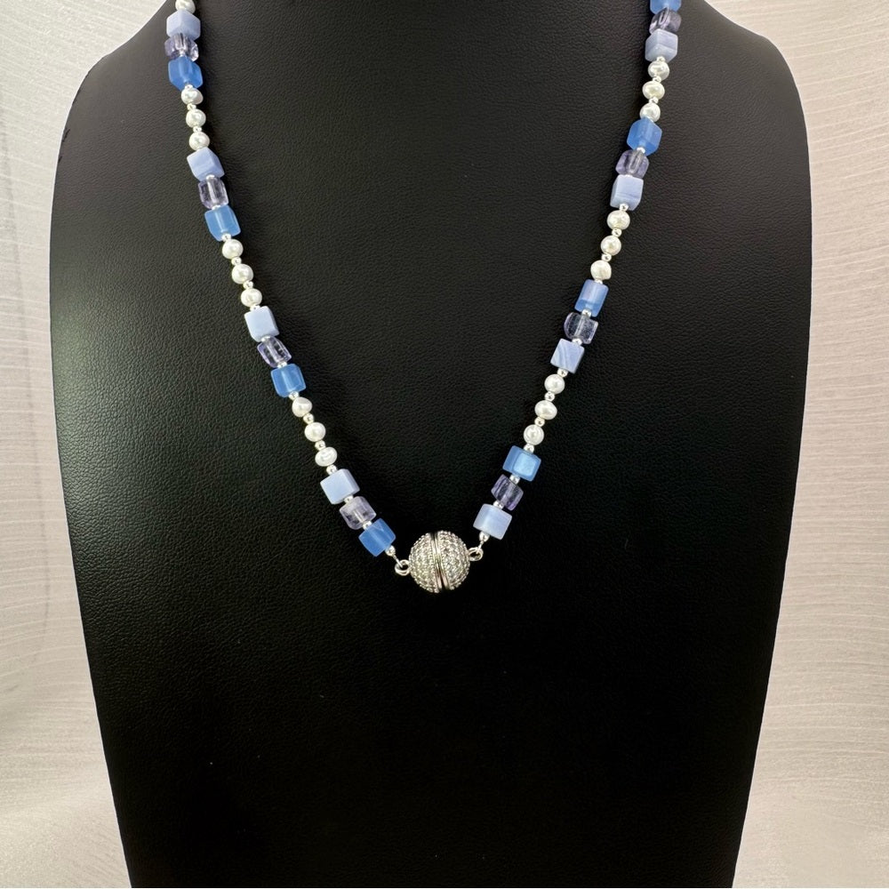 Blue Lace Agate, Amethyst, Freshwater Pearl, and Purple Jade Necklace