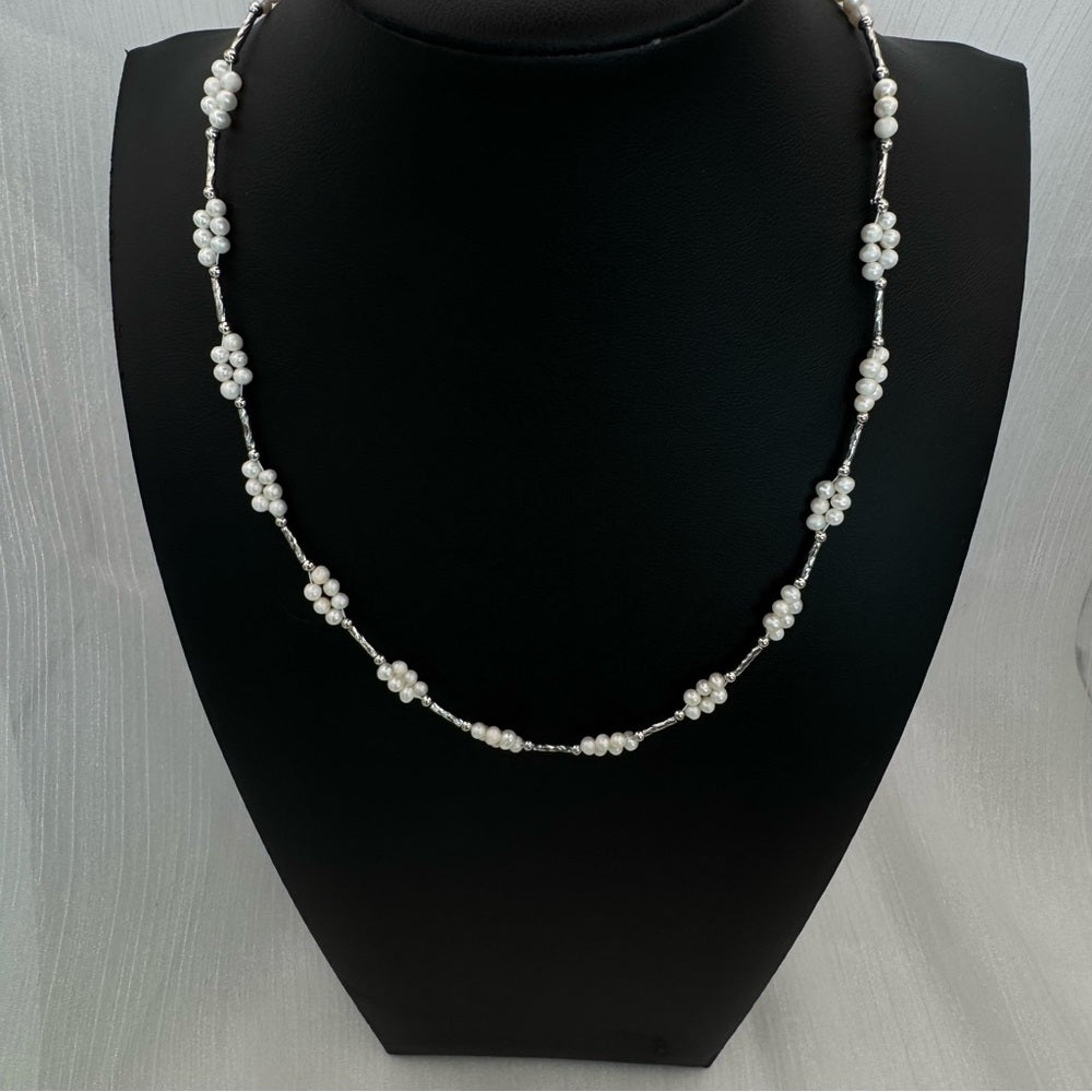 Dainty Freshwater Pearl Cluster Silver Necklace