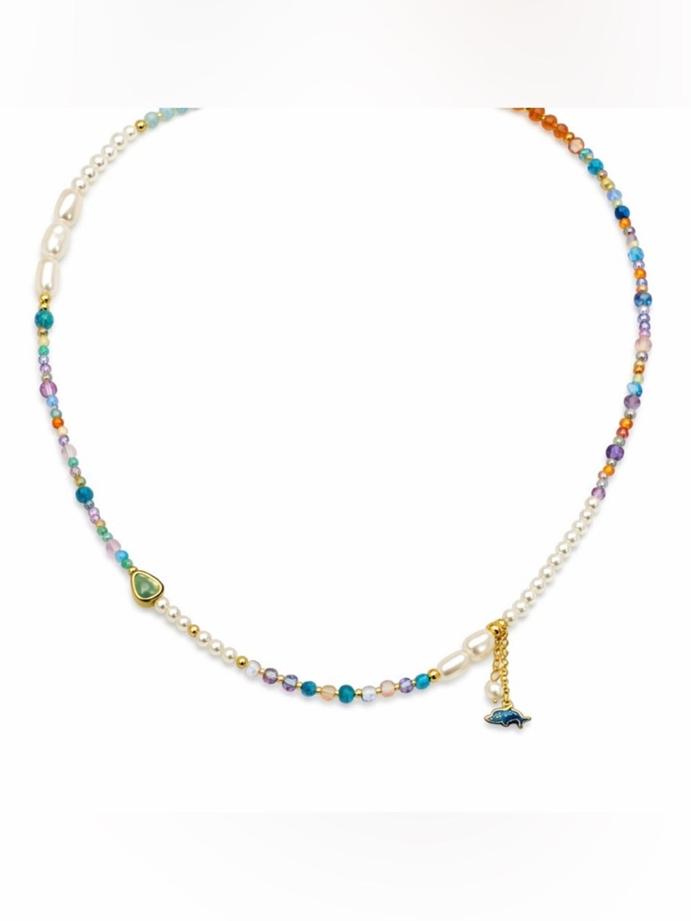 Freshwater Pearl & Mixed Gemstone Dolphin Charm Beaded Necklace (#64)