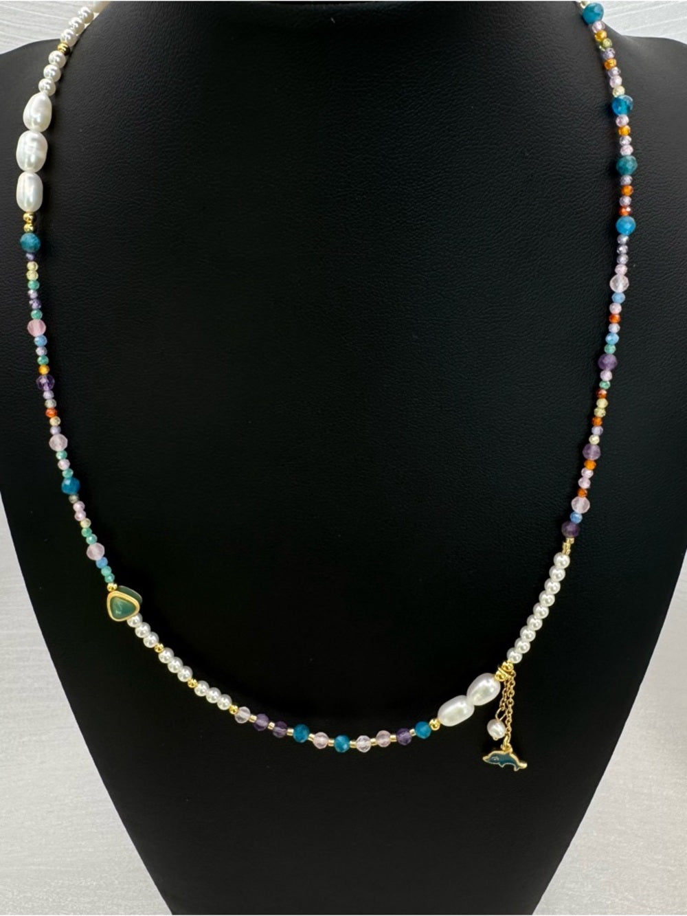 Freshwater Pearl & Mixed Gemstone Dolphin Charm Beaded Necklace (#64)