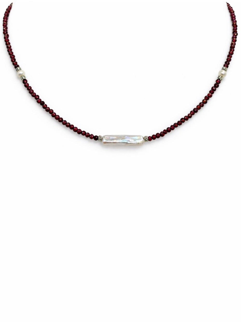 Purple Garnet & Freshwater Pearl Silver Gemstone Necklace #82
