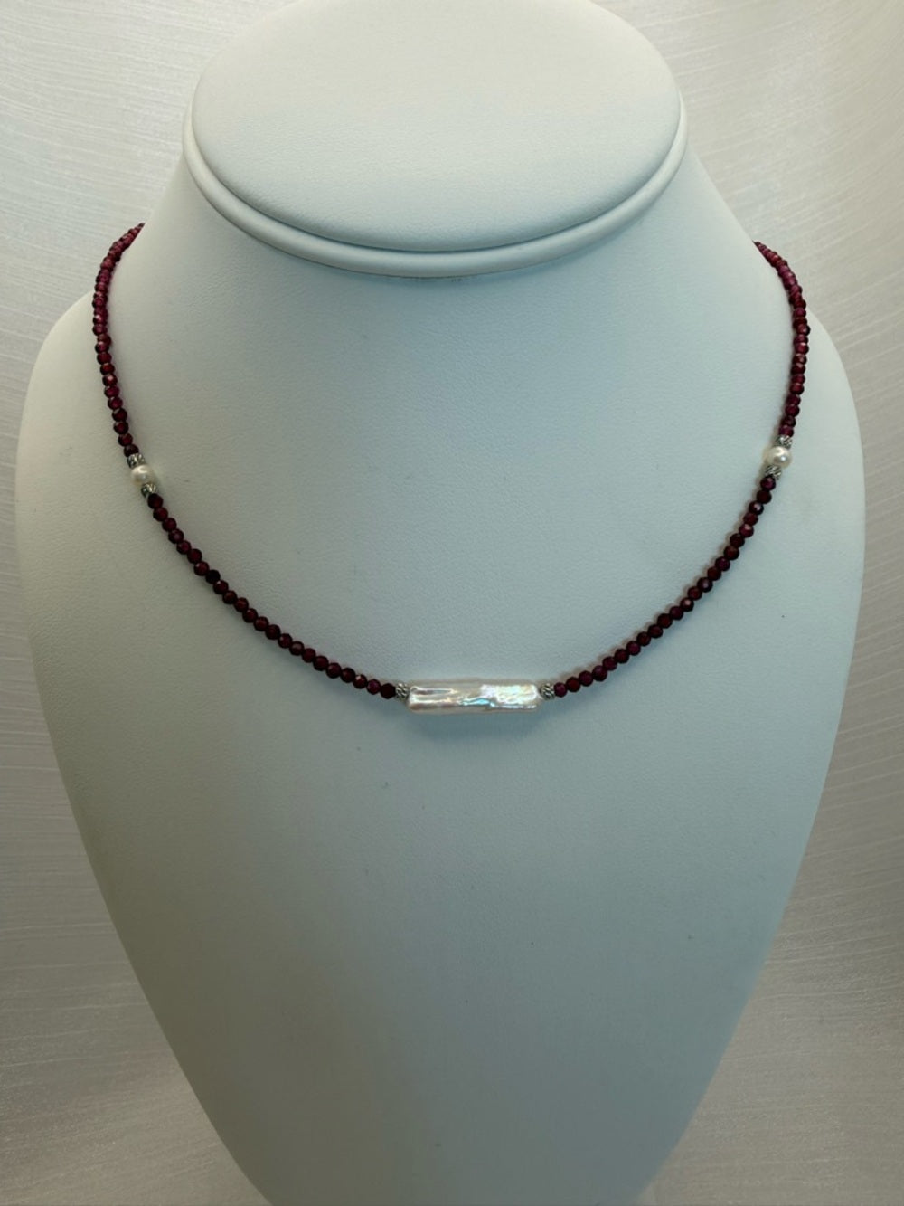 Purple Garnet & Freshwater Pearl Silver Gemstone Necklace #82