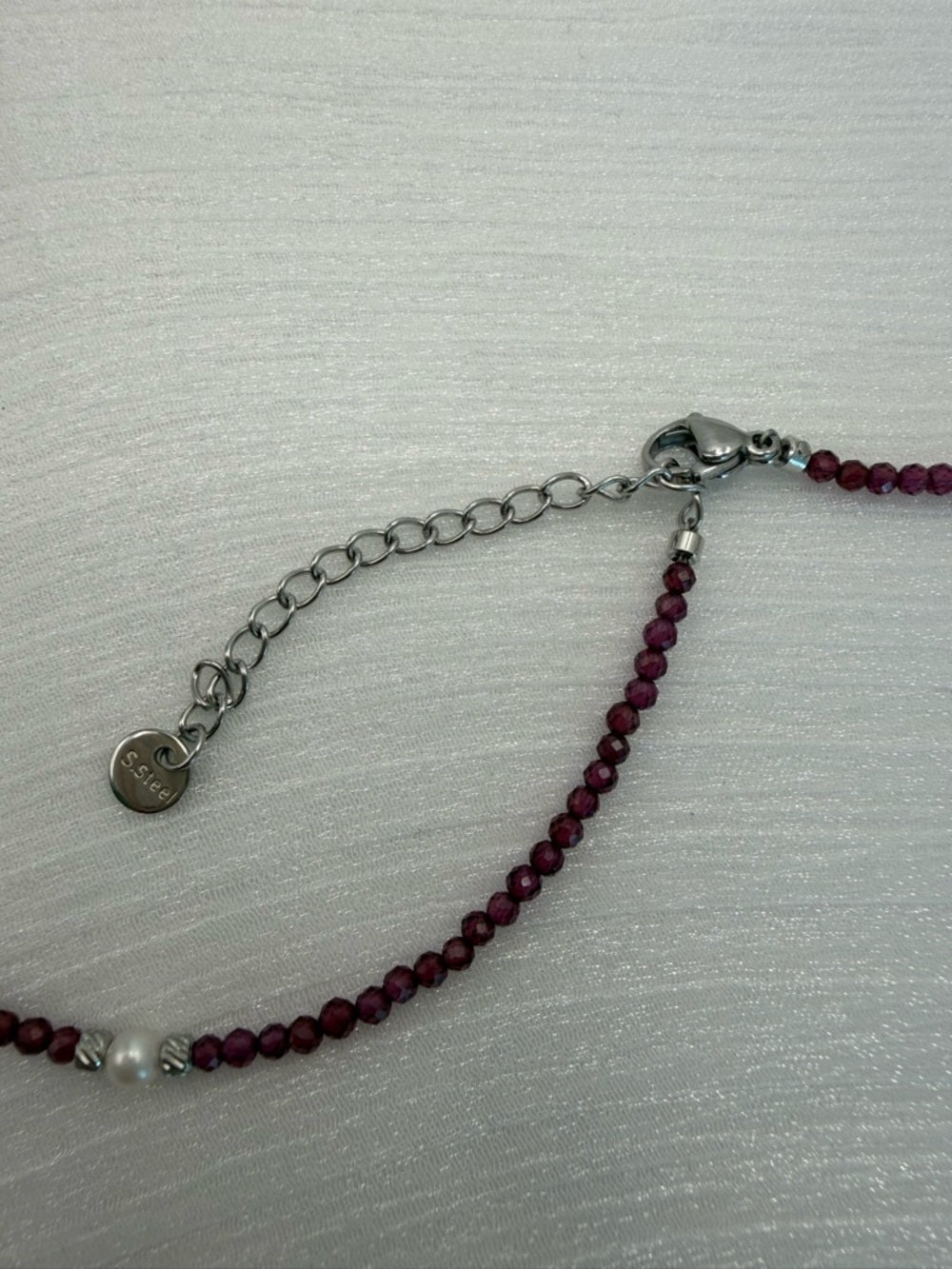 Purple Garnet & Freshwater Pearl Silver Gemstone Necklace #82