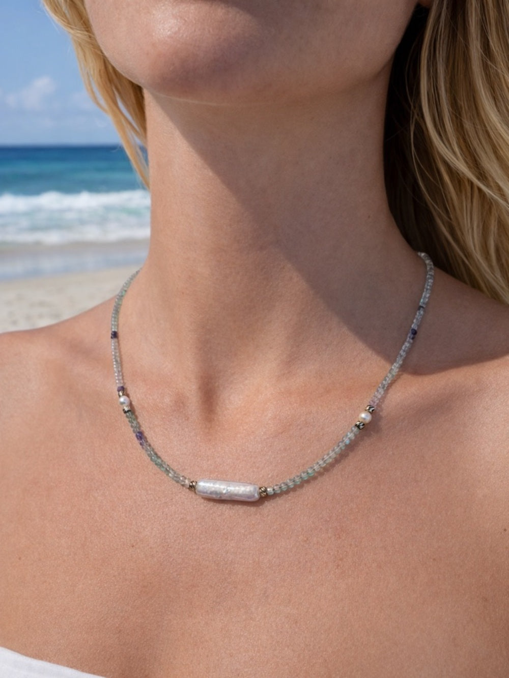 Rainbow Fluorite and Freshwater Pearl Silver Necklace #92