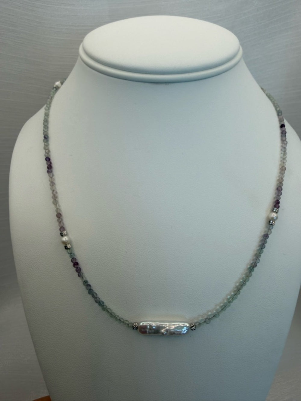 Rainbow Fluorite and Freshwater Pearl Silver Necklace #92