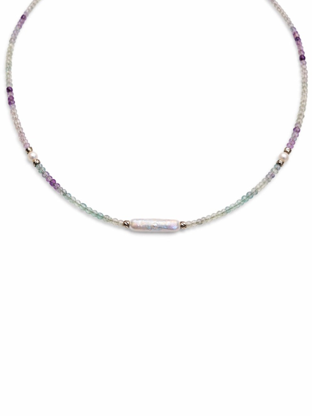 Rainbow Fluorite and Freshwater Pearl Silver Necklace #92