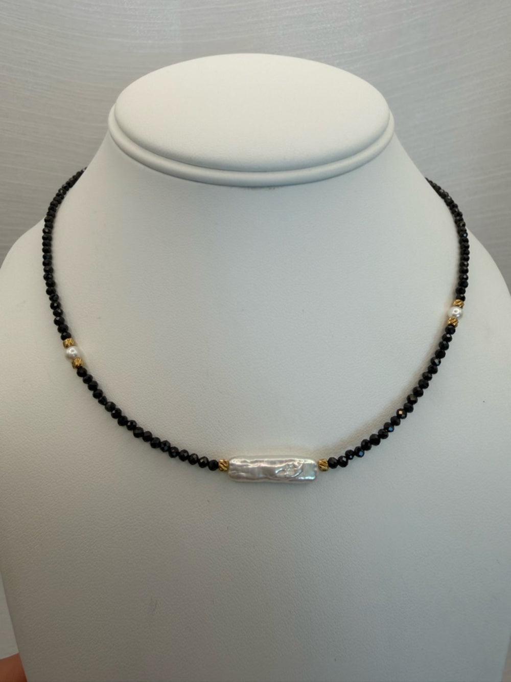 Gold Freshwater Pearl & Black Spinel Necklace (#100)