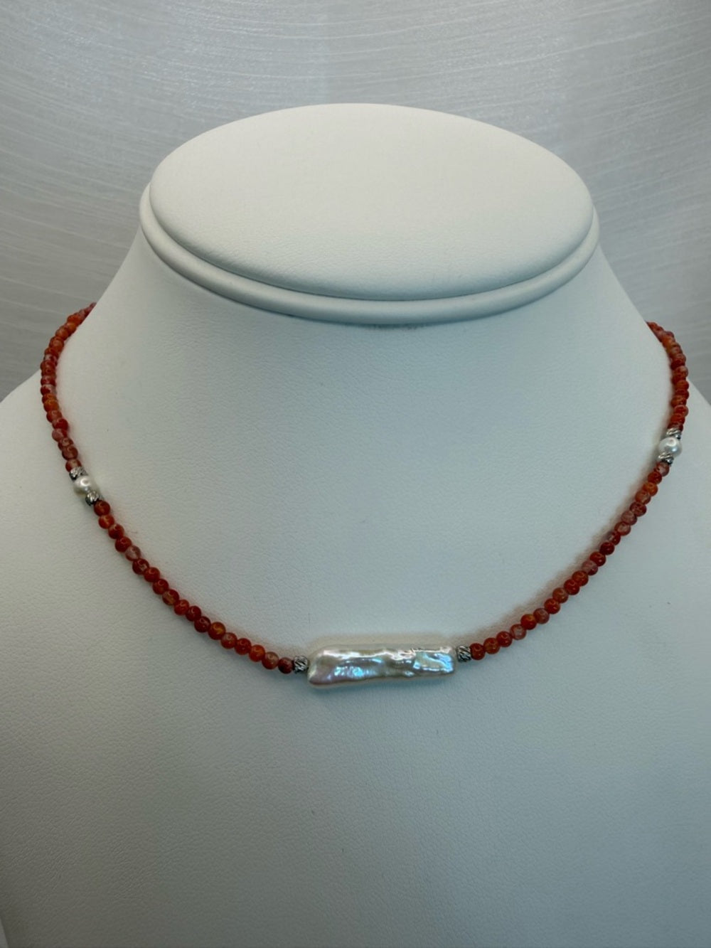Silver Carnelian & Freshwater Pearl Beaded Necklace