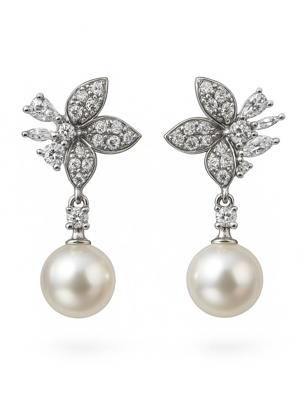 Freshwater Pearl & Crystal Flower Dangle Stud Earrings
