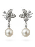 Freshwater Pearl & Crystal Flower Dangle Stud Earrings