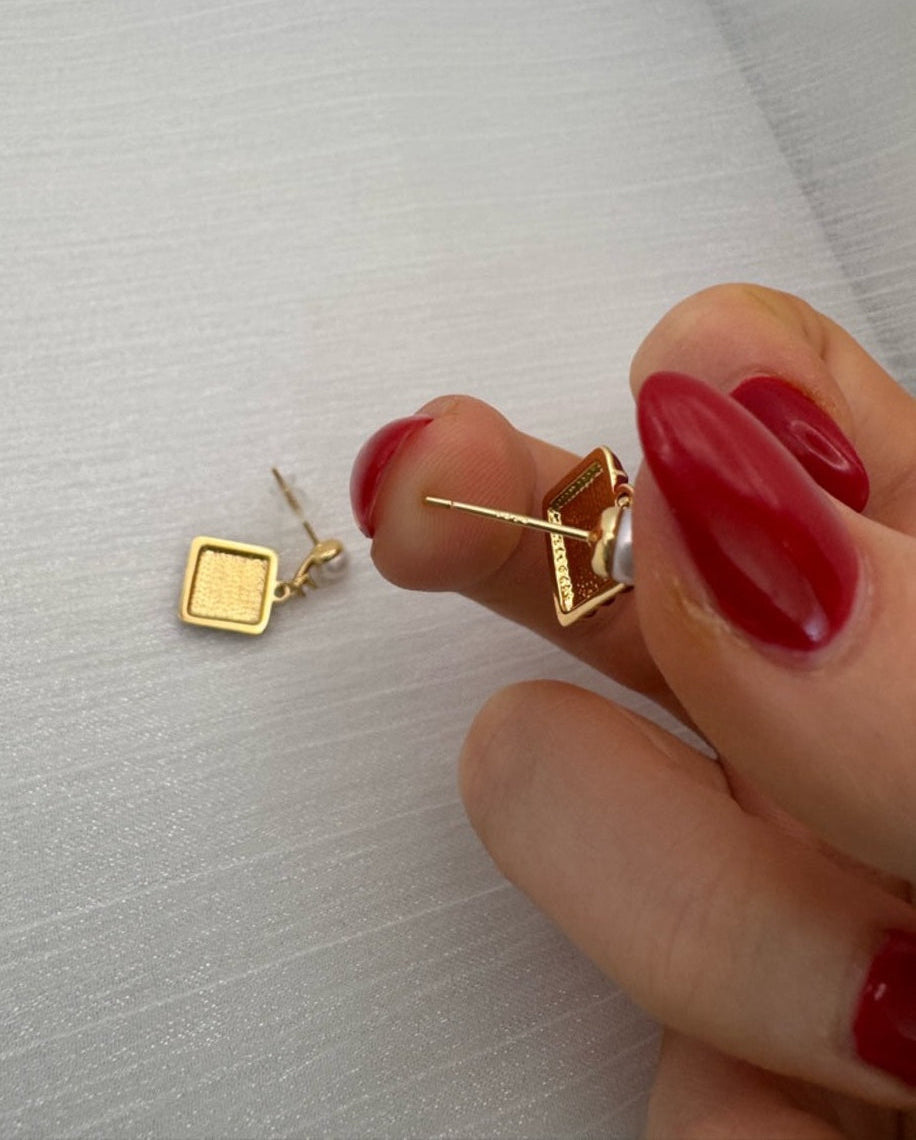 Freshwater Pearl & Enamel Tile Stud Earrings