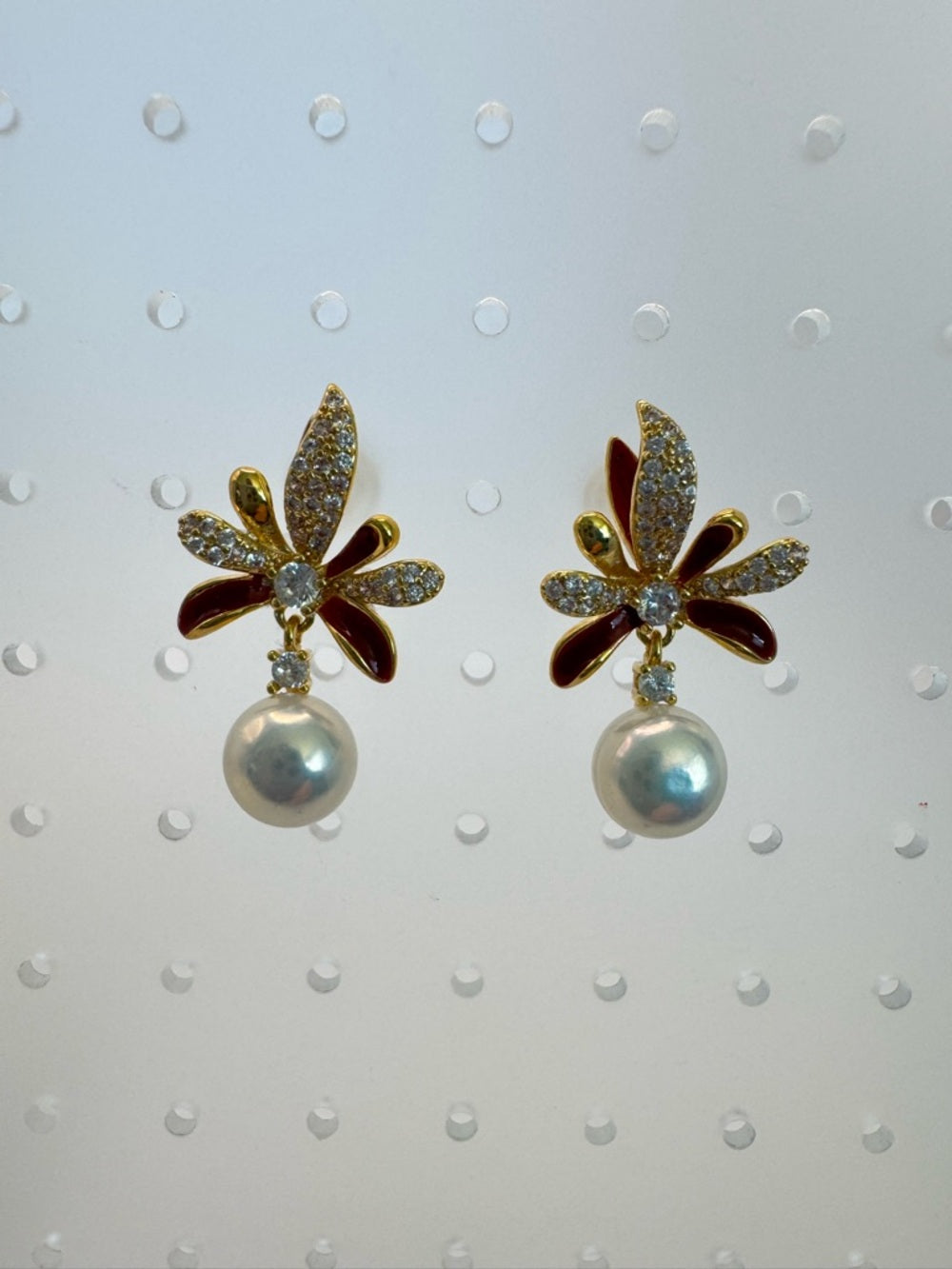 Freshwater Pearl & Enamel Fleur de Lis Stud Earrings