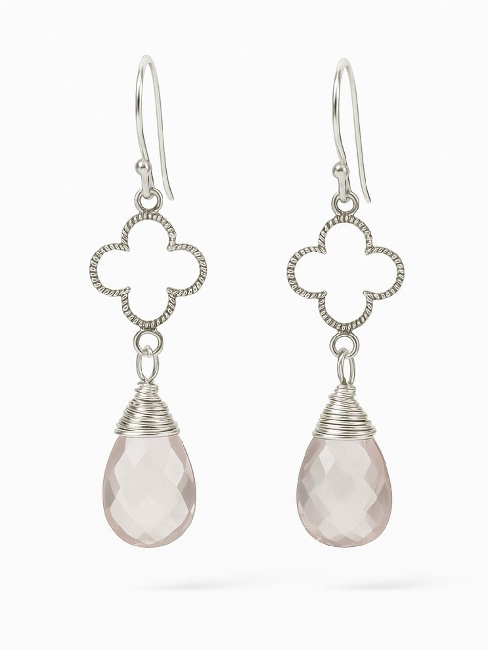 HK1177134 Sterling Silver Rose Quartz Clover Hook Earrings