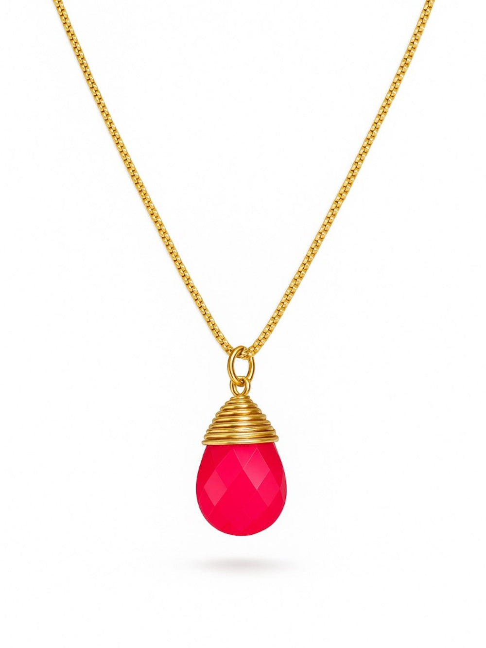 N0040 Pink Chalcedony Teardrop Gold Necklace