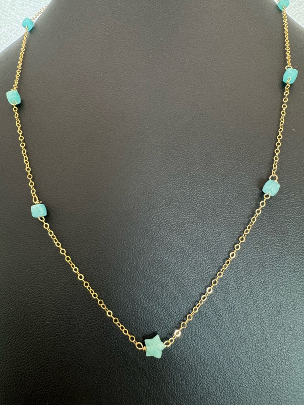 N024 Amazonite Star and Cube Station Gold Necklace