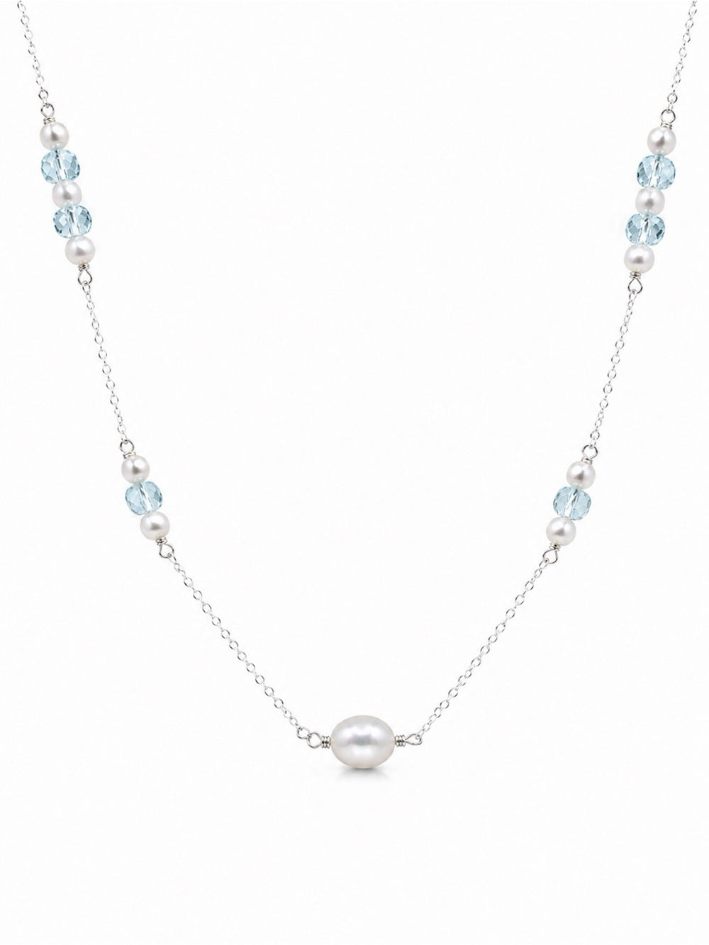 N097 Blue Topaz & Freshwater Pearl Stationary Necklace