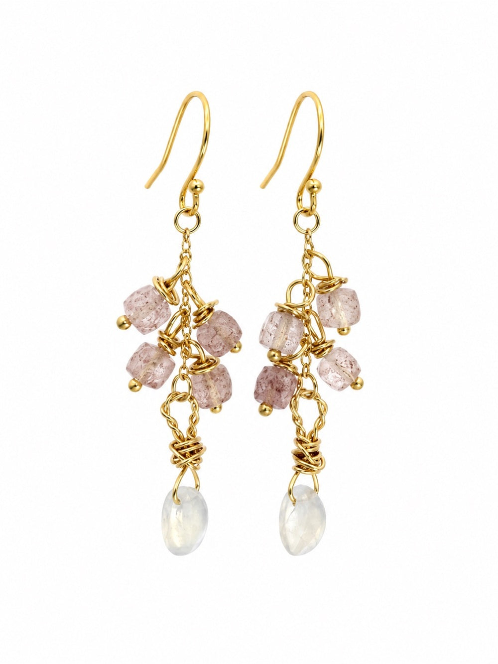 HK5007 Moonstone and Strawberry Quartz Gold Earrings