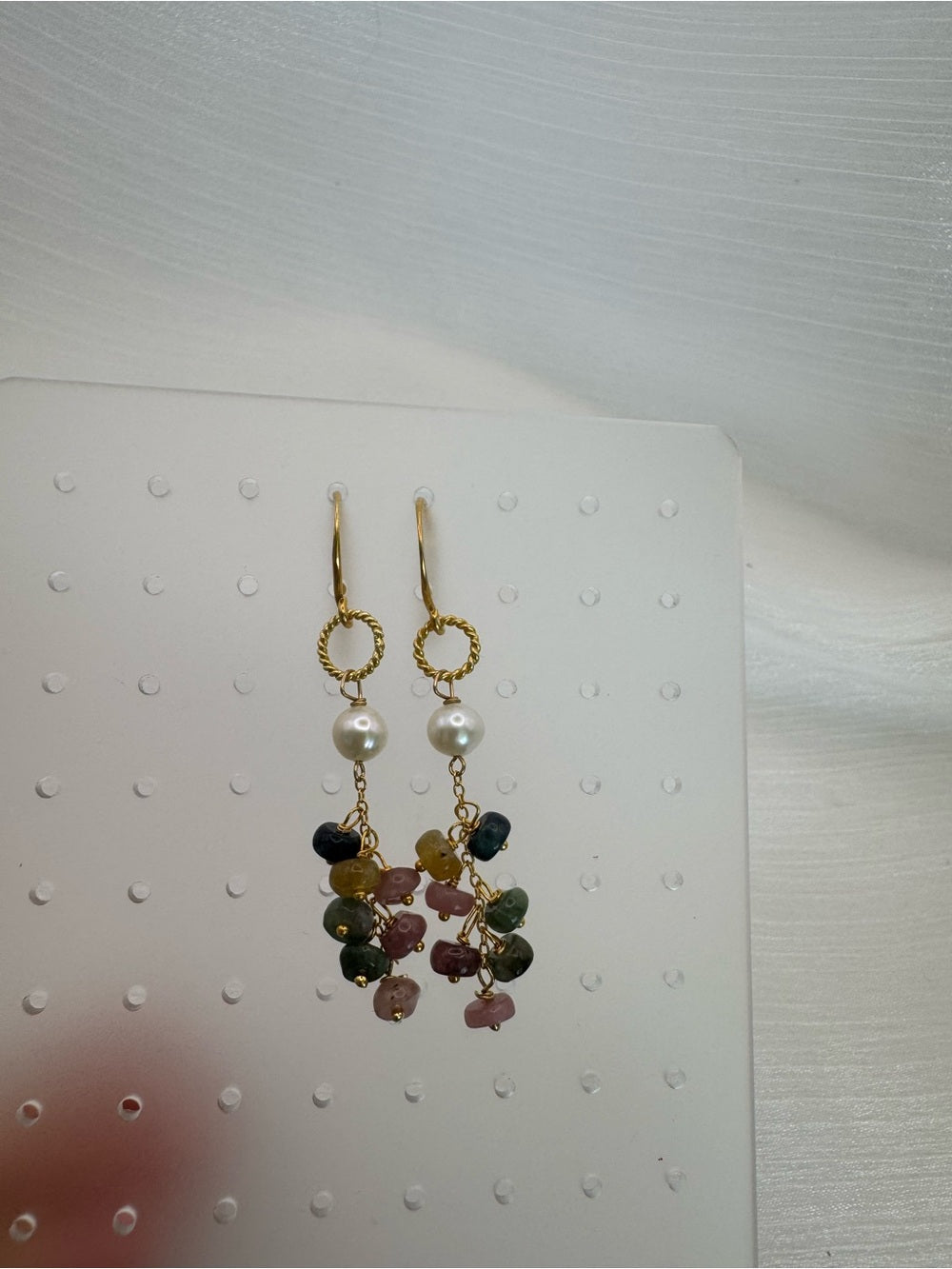 HK077 Rainbow Tourmaline and Freshwater Pearl Gold Earrings