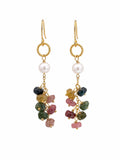 HK077 Rainbow Tourmaline and Freshwater Pearl Gold Earrings