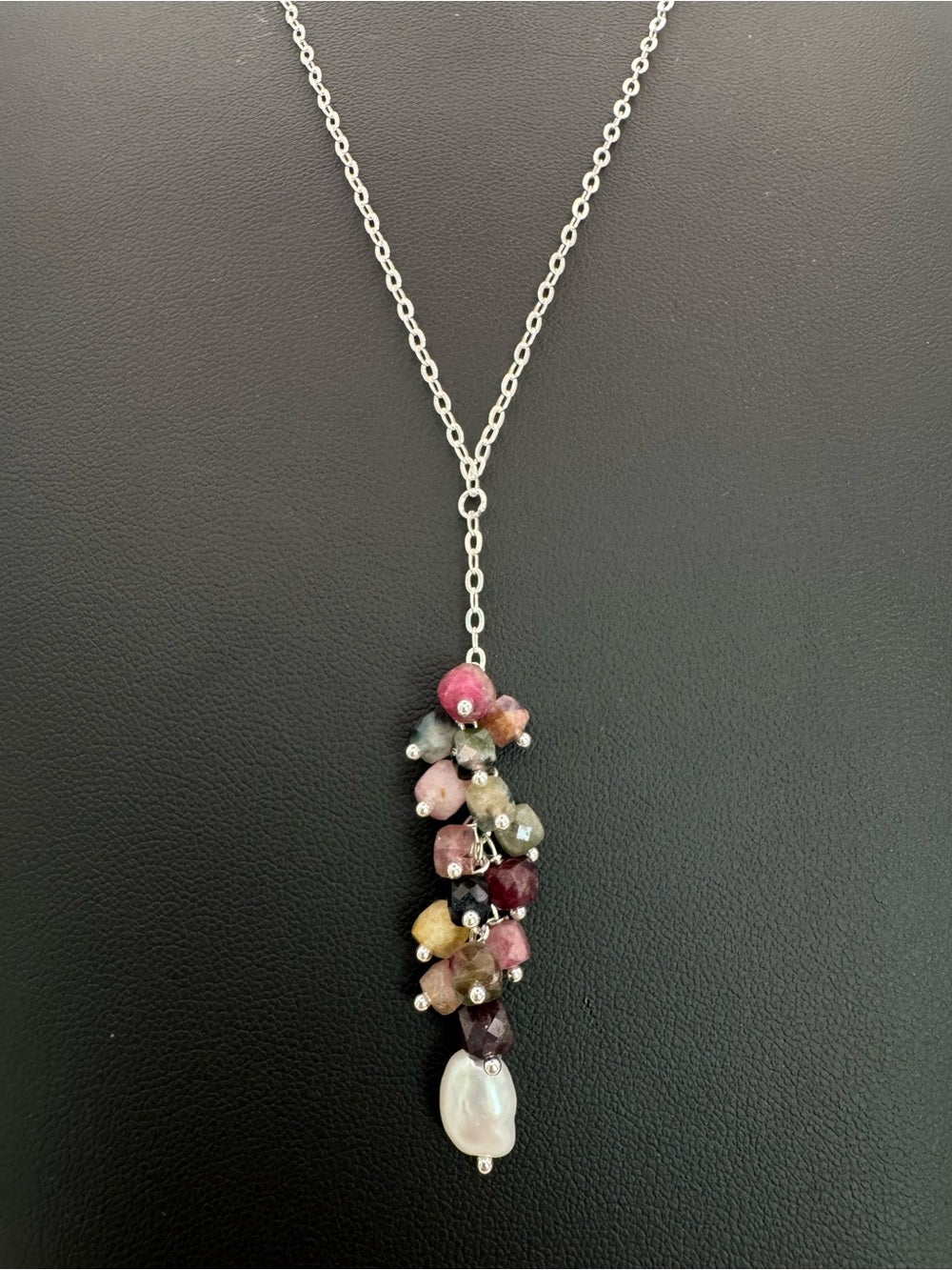 N70001 Rainbow Tourmaline & Freshwater Pearl Lariat Necklace
