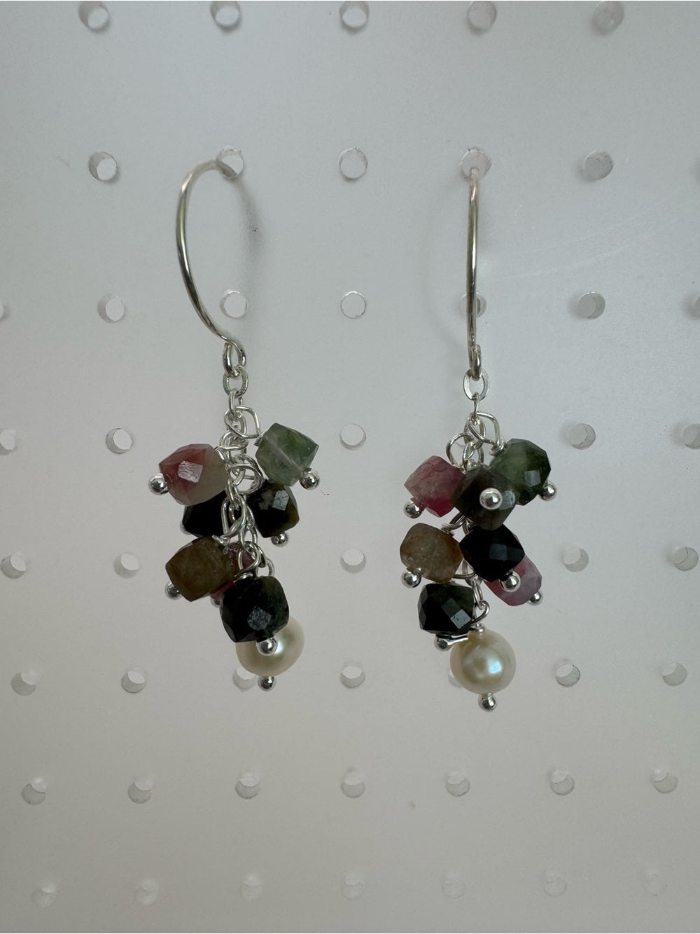 HK70010 Rainbow Tourmaline & Freshwater Pearl Dangle Earrings