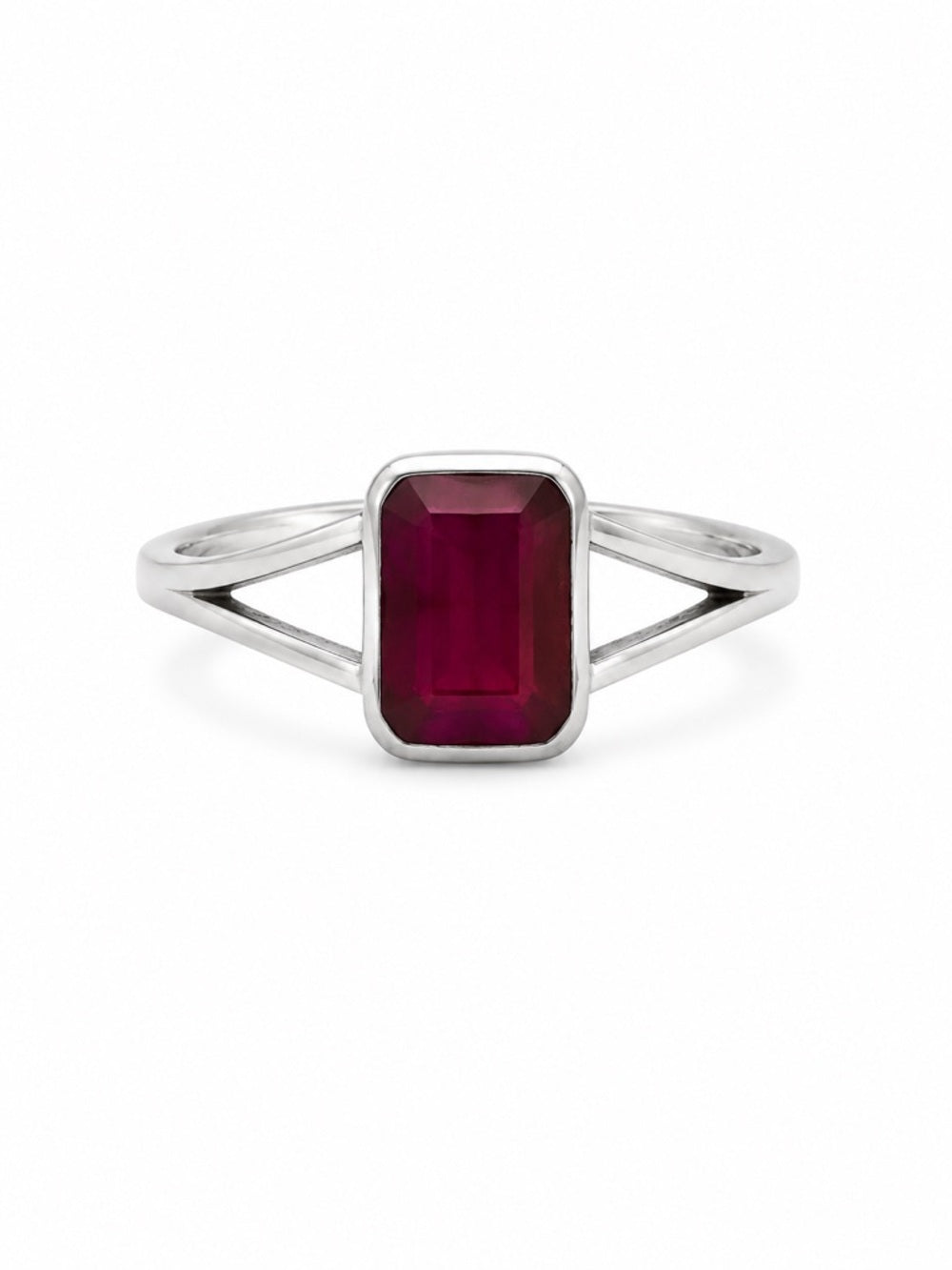 Ruby Emerald Cut Split Shank Ring