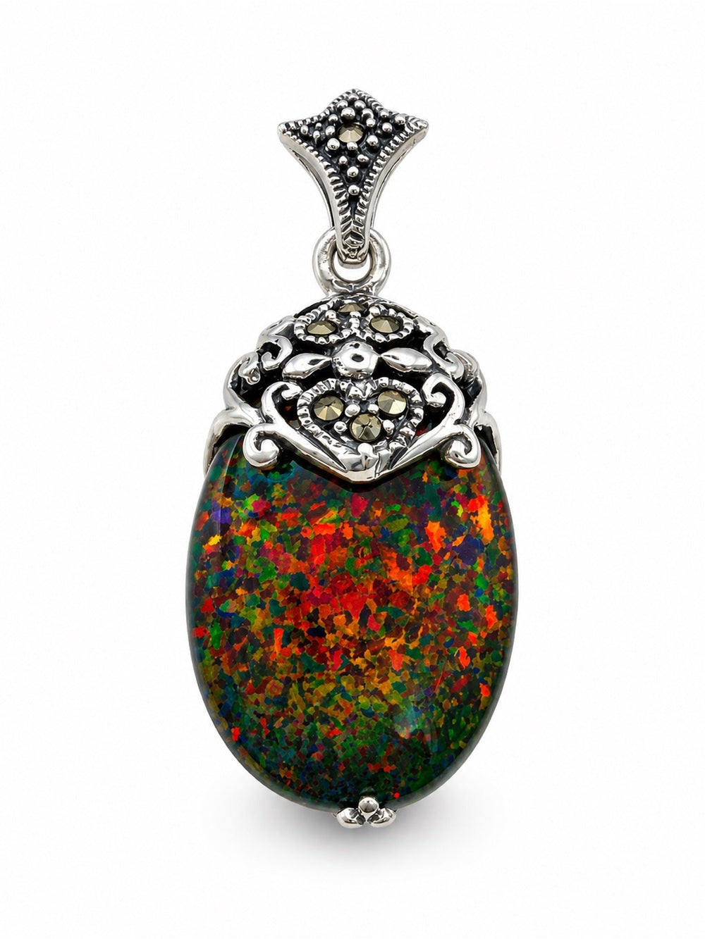 Fire Opal Marcasite Oval Pendant