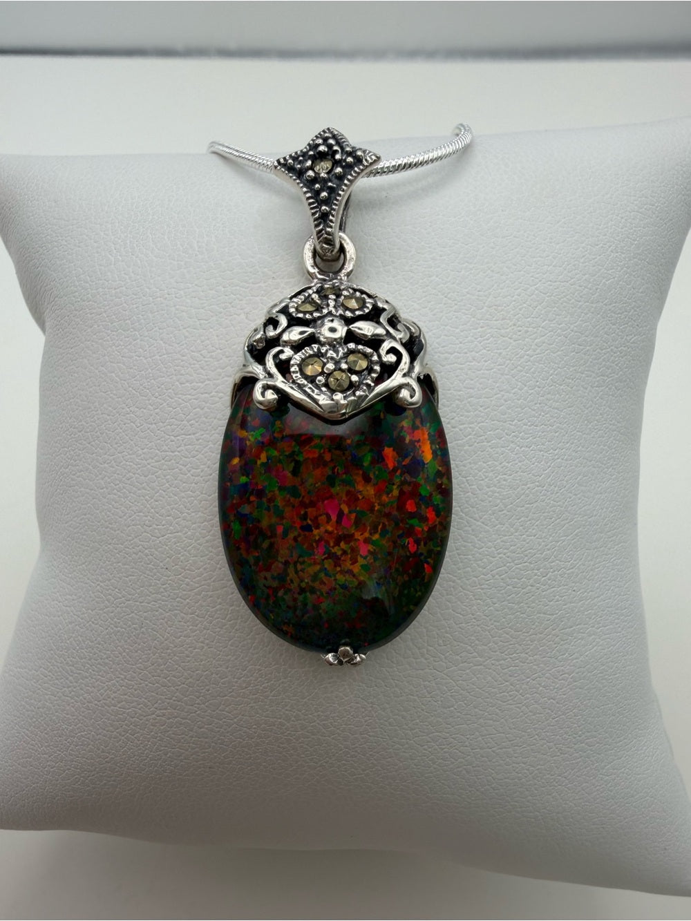 Fire Opal Marcasite Oval Pendant