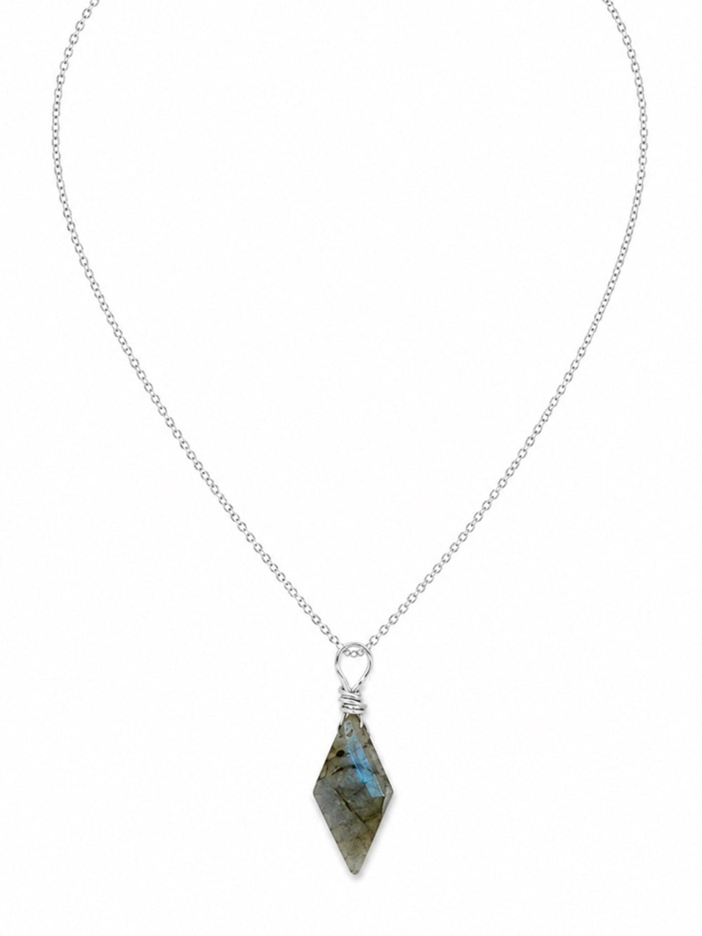 N083 Labradorite Diamond Shaped Silver Necklace