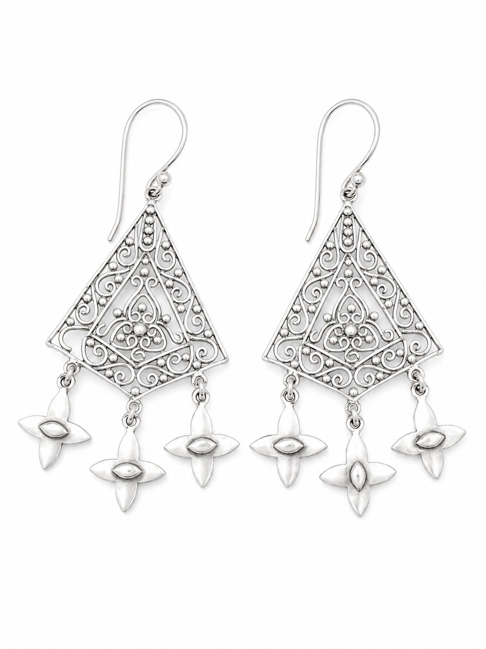 Sterling Silver Triple Flower Diamond Hook Earrings