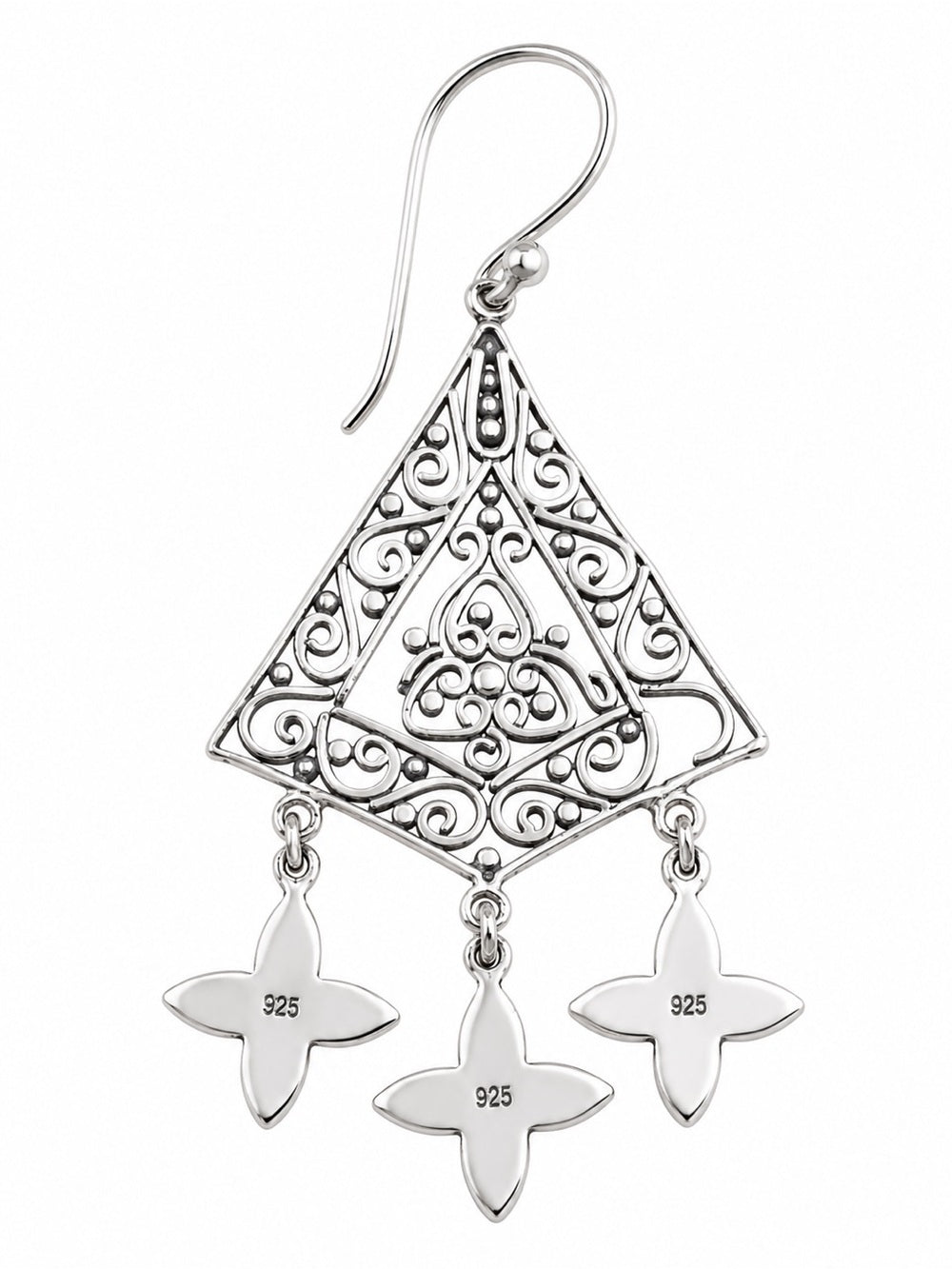 Sterling Silver Triple Flower Diamond Hook Earrings
