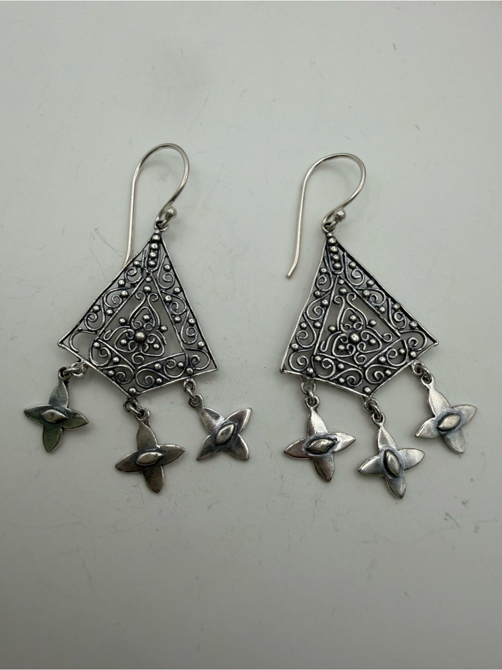 Sterling Silver Triple Flower Diamond Hook Earrings