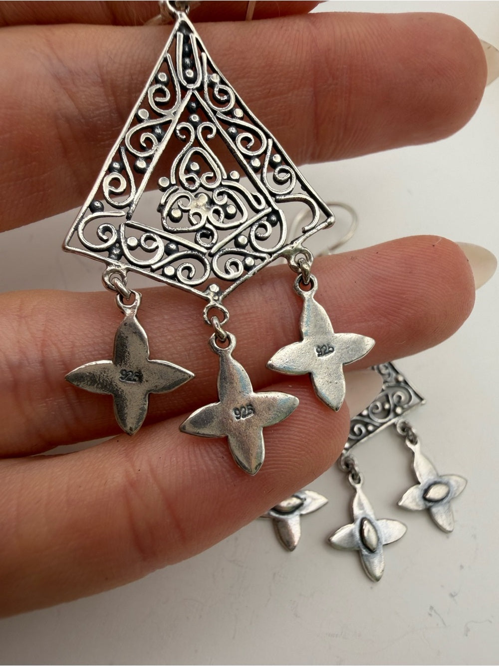 Sterling Silver Triple Flower Diamond Hook Earrings