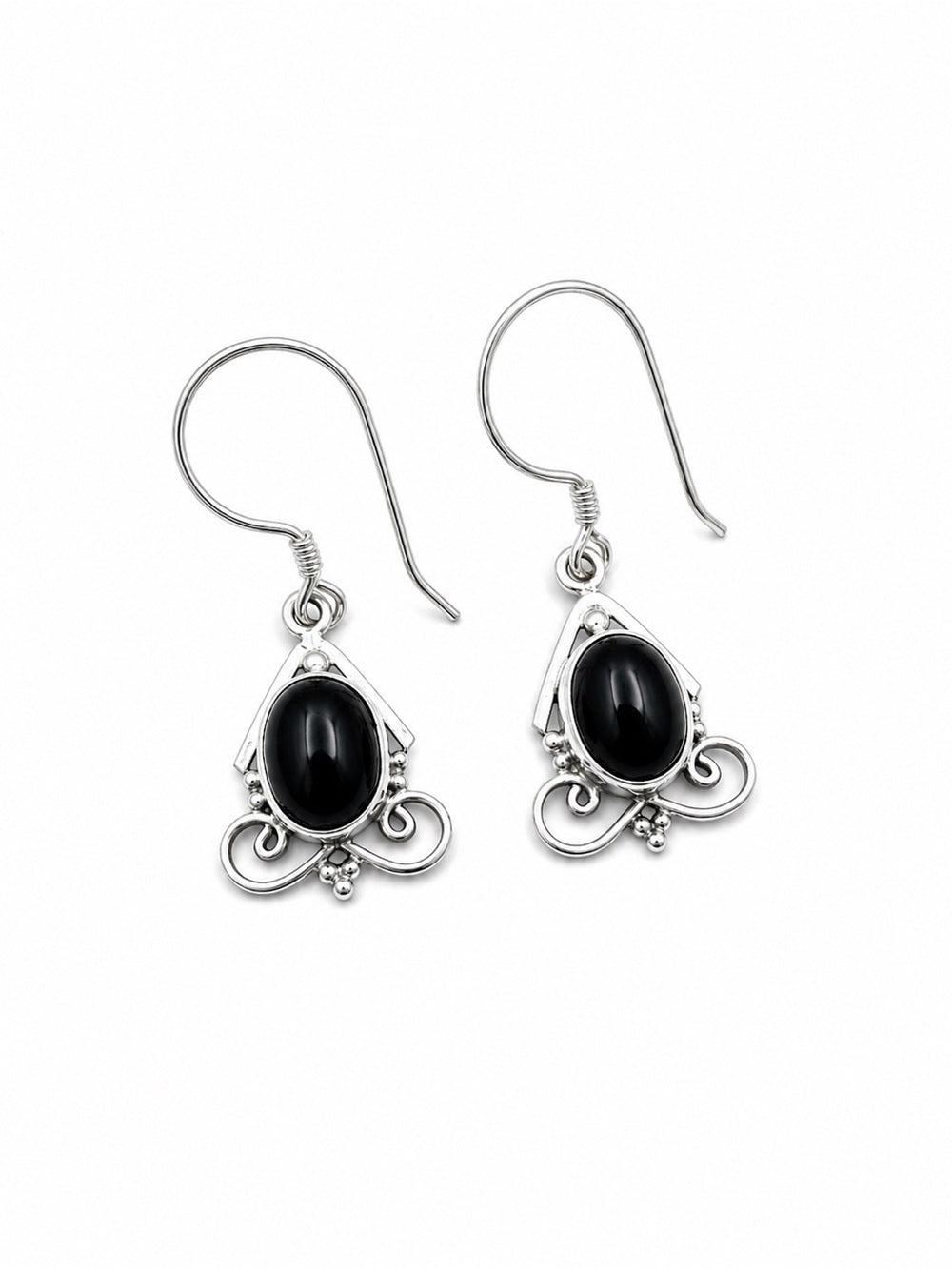Black Onyx Sterling Silver Swirl Hook Earrings