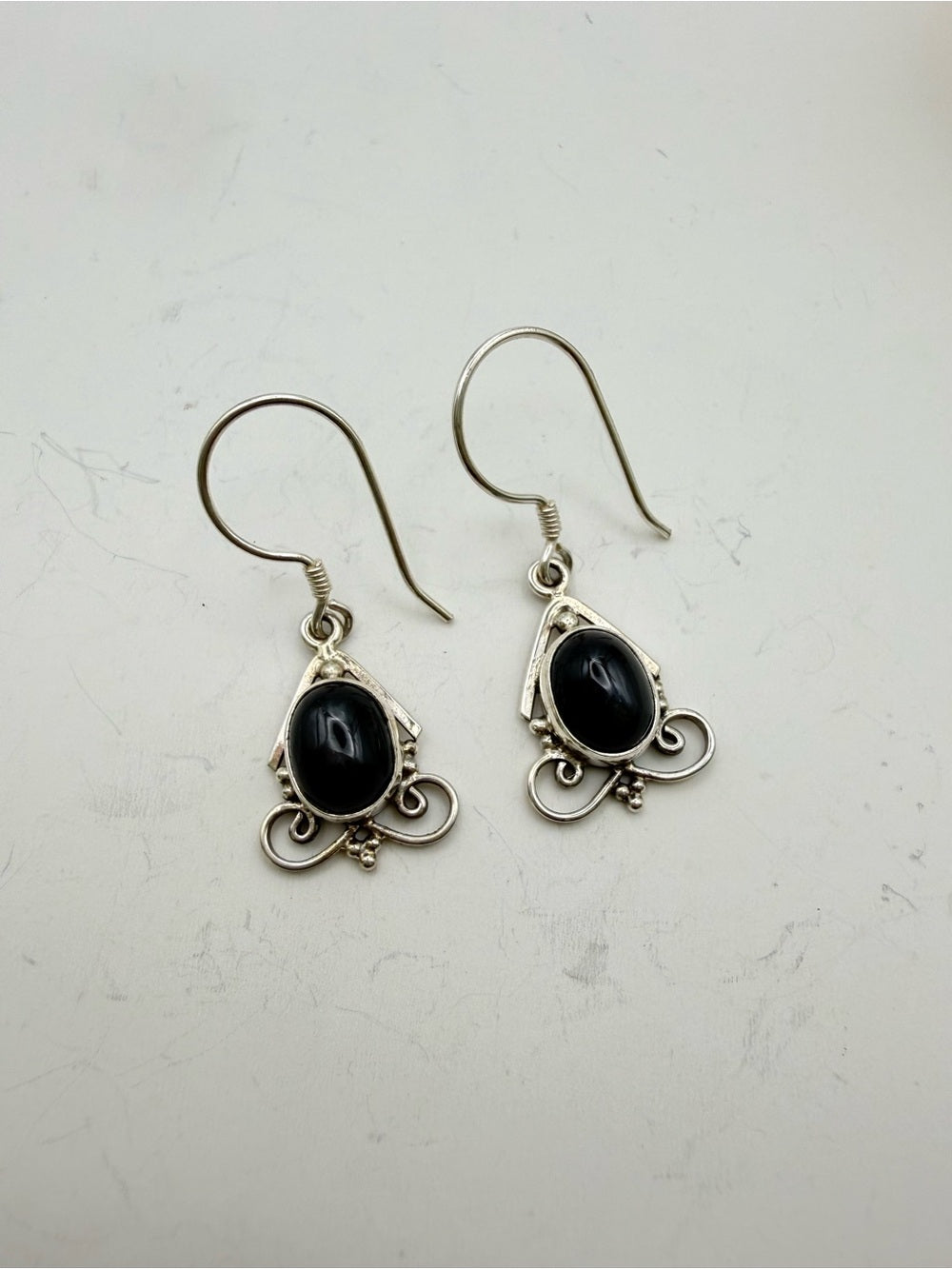 Black Onyx Sterling Silver Swirl Hook Earrings