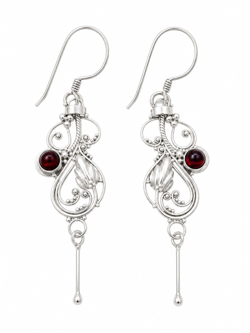 Garnet Leaf Swirl Hook Earrings